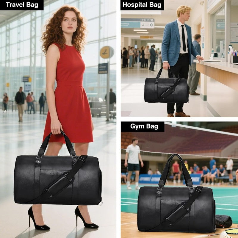 3 in 1 Leather Duffle Bag w/ Shoe & Toiletry Compartment Weekender Black2