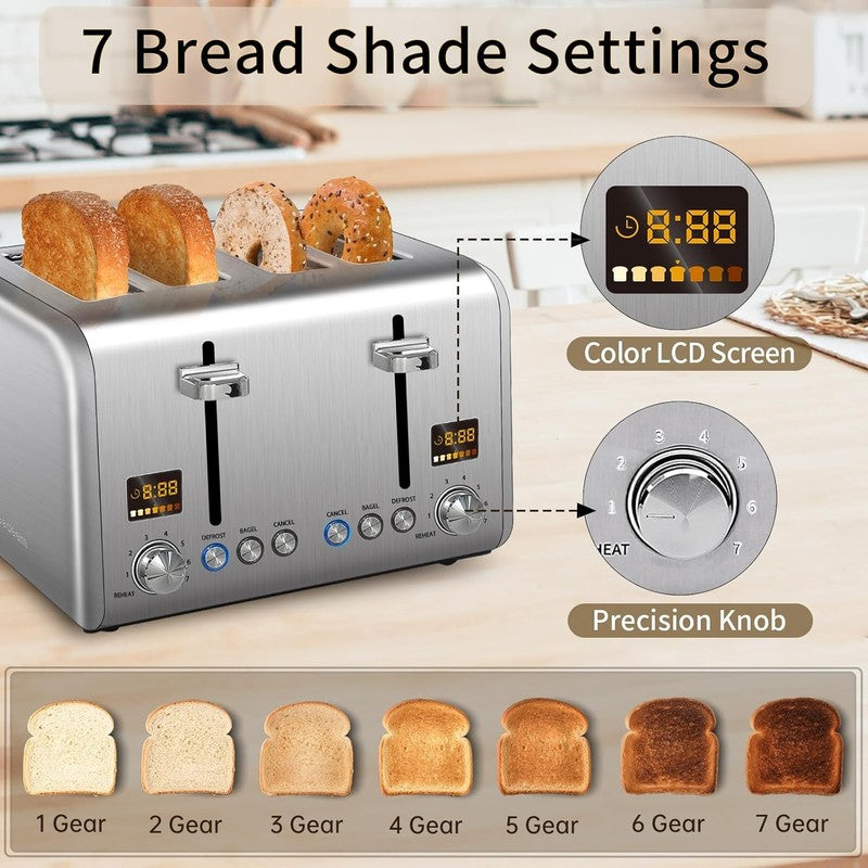 4 Slice Stainless Toaster Silver - LCD Display, 7 Shades, Bagel, Defrost, 1800W2
