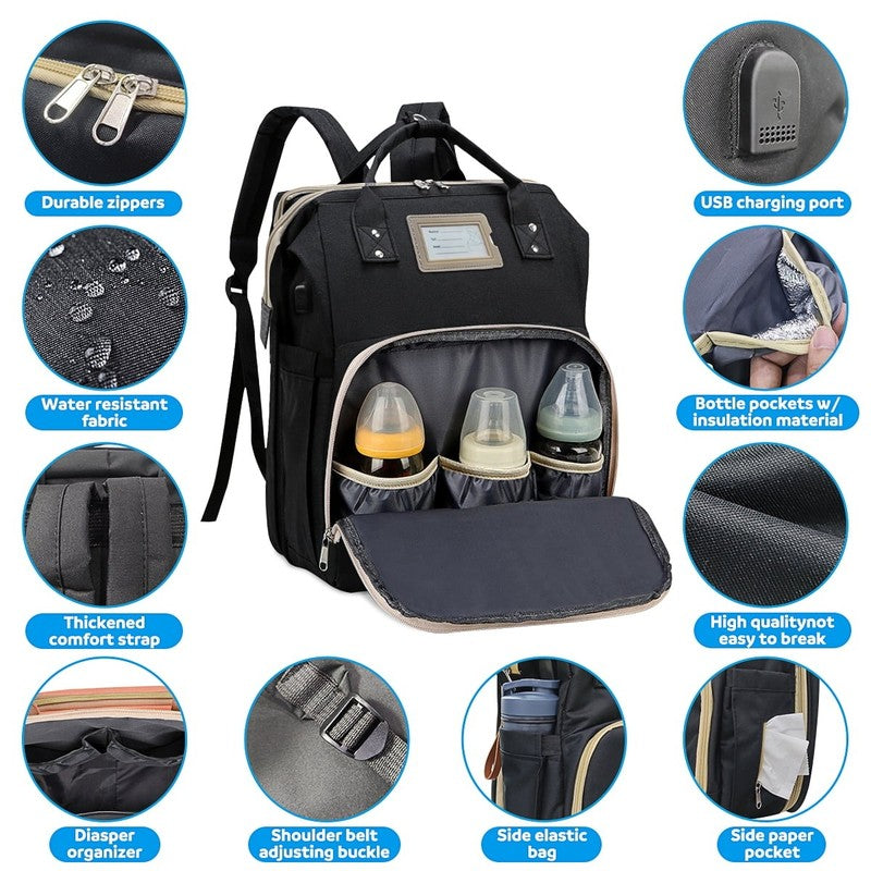 Diaper Bag Backpack w/ Crib, USB, Bottle Holder, Changing Pad – Black3