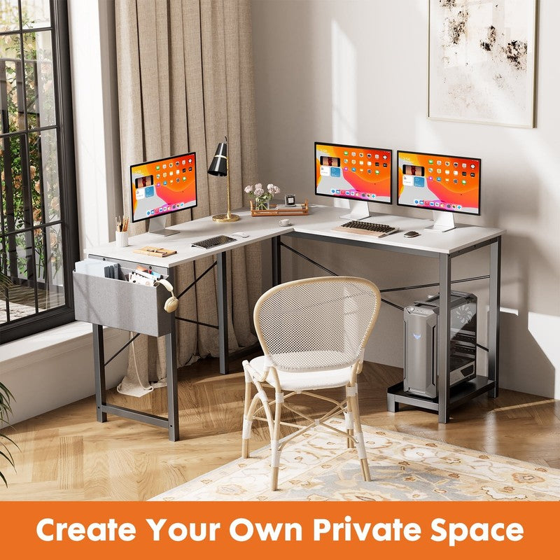 49" Modern L Shaped Computer Desk w/ Storage Shelf & Side Bag White3