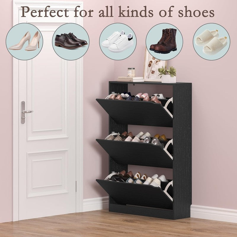 Shoe Storage Cabinet 3 Flip Drawers Narrow Rack Organizer Entryway Black3