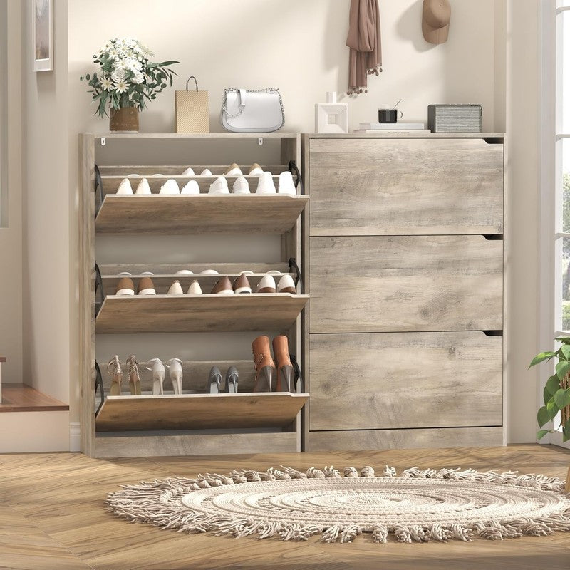 47'' Shoe Cabinet 3 Flip Drawers Slim Wood Storage Rack Organizer Entryway Grey2