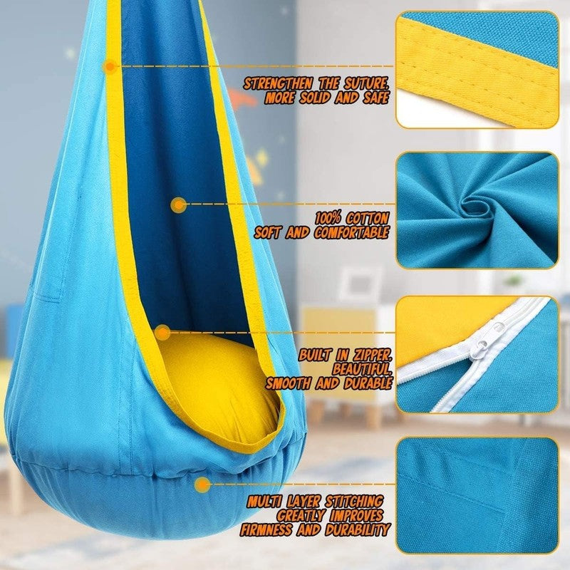 Kids Pod Swing Seat Hanging Hammock Chair Sensory Indoor Outdoor Blue Yellow2