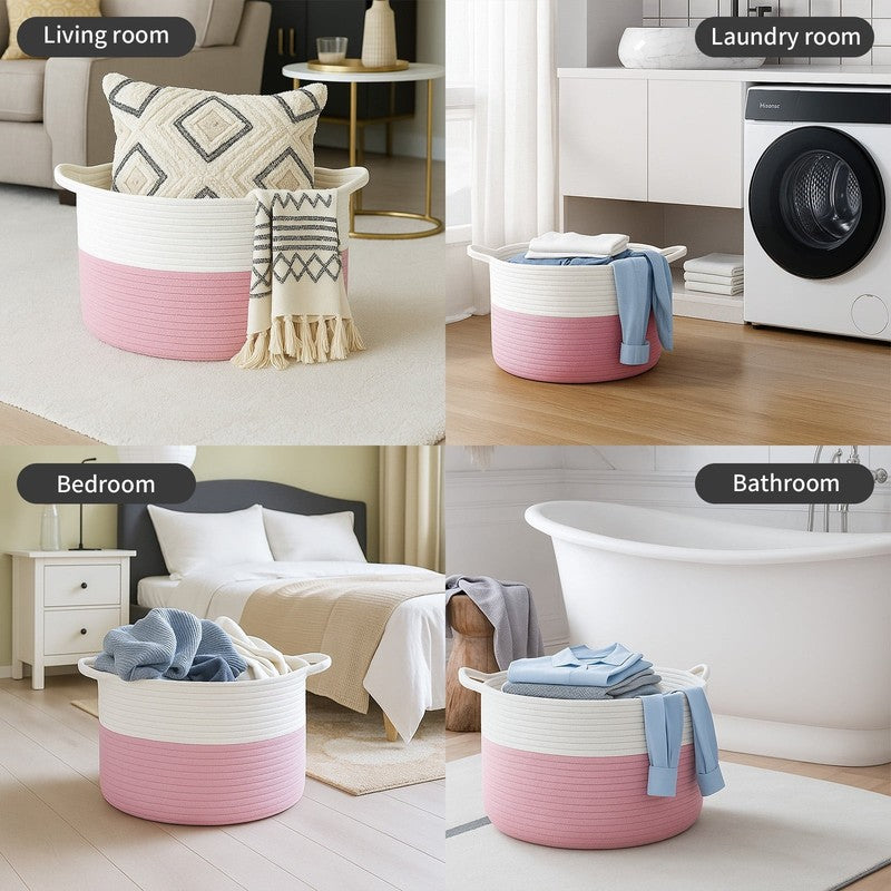 80L Collapsible Cotton Laundry Basket w/ Handles – White & Pink3