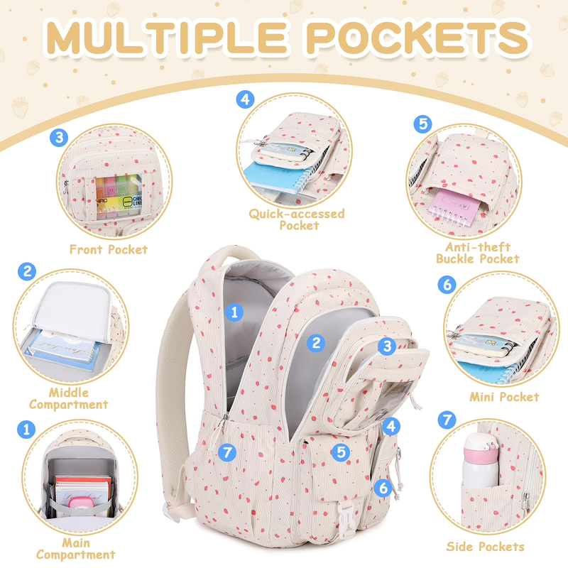 Beige Strawberry Corduroy Kawaii Ita School Backpack4