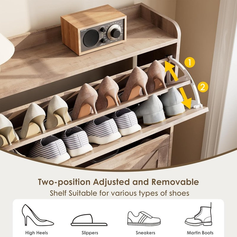 Shoe Cabinet 2 Flip Drawers Freestanding Slim Farmhouse Entryway Toasted Oak6
