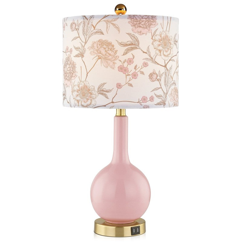 Pink Ceramic Touch Control Table Lamp with USB Ports - 24" Floral Shade6