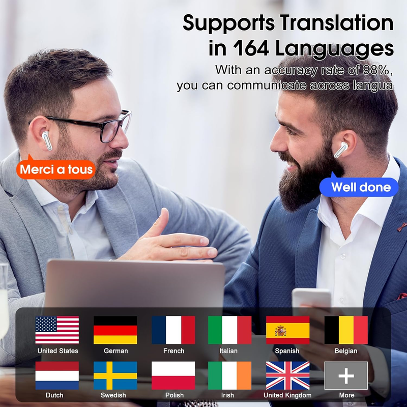 AI Translation Earbuds 164 Languages Bluetooth 5.3 Real Time Gray1