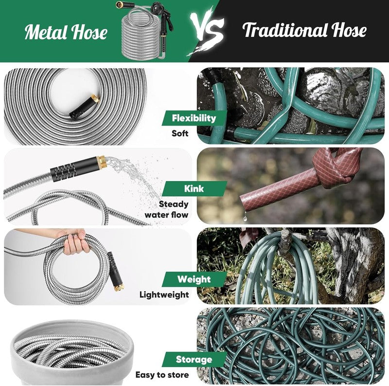 50Ft Heavy Duty Stainless Steel Garden Hose with 10 Nozzles, No Kink3
