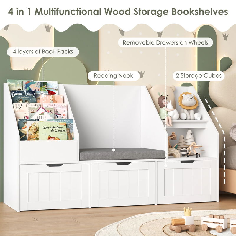 Kids Bookshelf with Reading Nook & 3 Movable Drawers, 2 Cube Bookcase with 4 Tie5