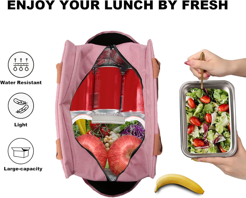 Insulated Lunch Bag for Women Men Large Reusable Tote w/ Bottle Holder Pink2