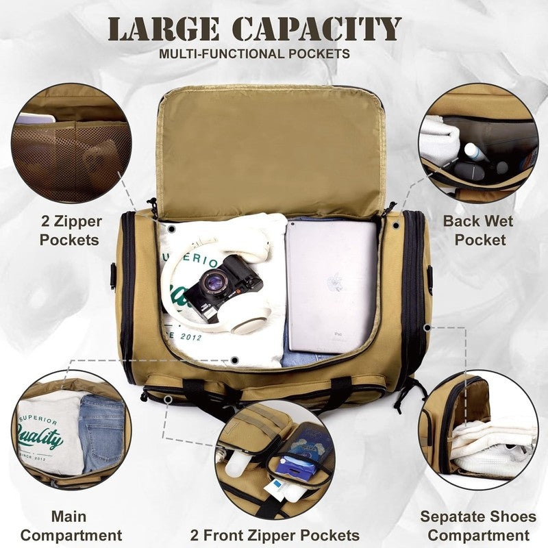 52L Tactical Expandable Duffle Bag Gym Travel Weekender Wet Pocket Carry On2