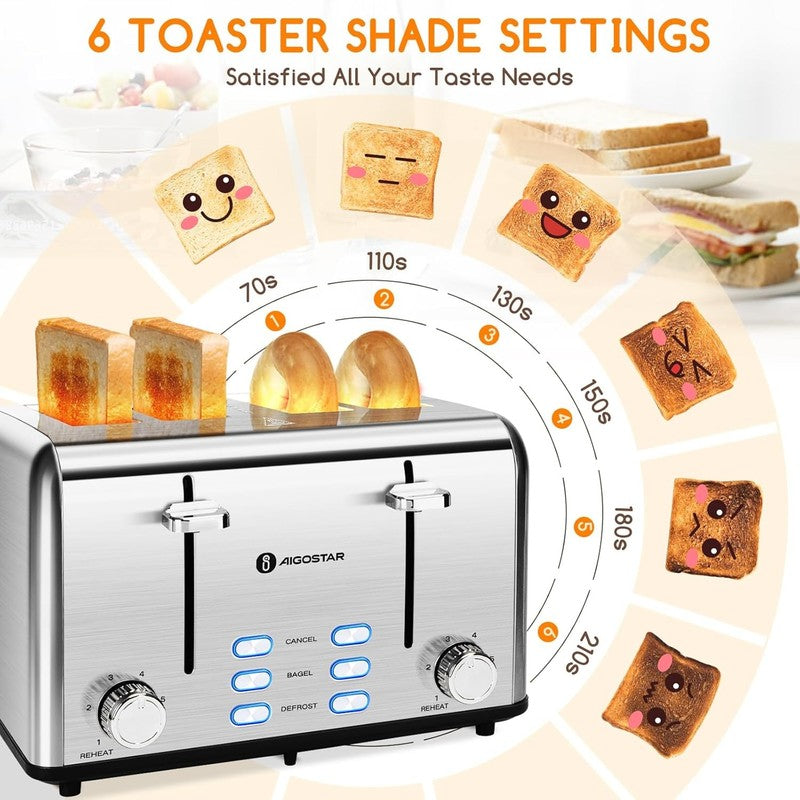 4 Slice Stainless Steel Toaster - Wide Slots, Bagel, 6 Shades, 1550W, Prime2