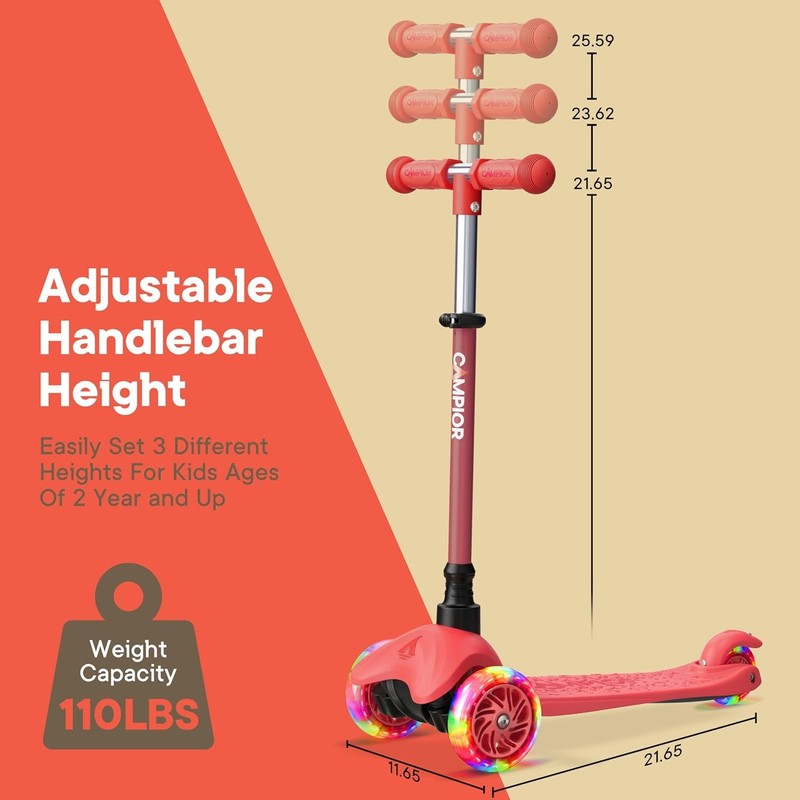 Kids 3 Wheel Scooter Lean to Steer LED Wheels Adjustable Handlebar Red5