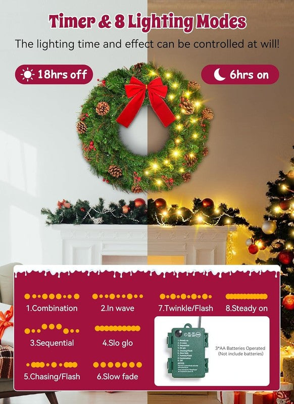 24" Pre-Lit Christmas Wreath Battery LED Pinecones Red Berries Front Door Decor3
