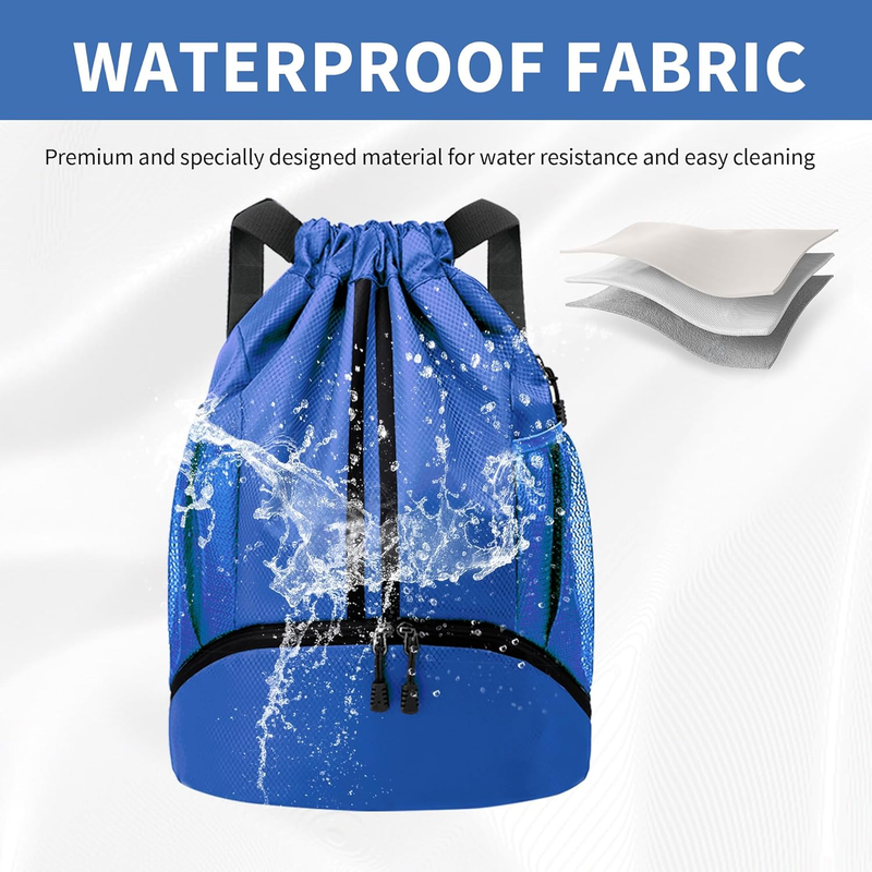 Drawstring Backpack Gym Bag w/ Shoe Compartment Water Resistant Blue Medium2