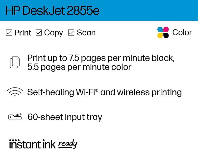 Deskjet 2855E Wireless Inkjet Printer Scanner Copier with 3 Months Instant Ink5