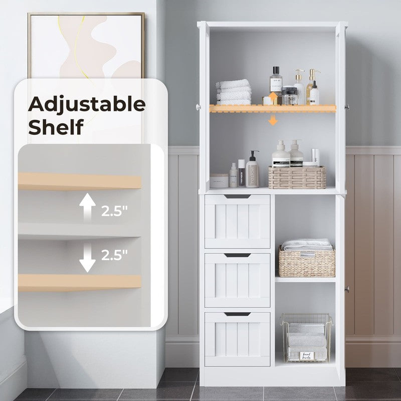 Bathroom Storage Cabinet Wooden W/ 4 Drawers & 3 Doors Glass Doors, MDF Freestan2
