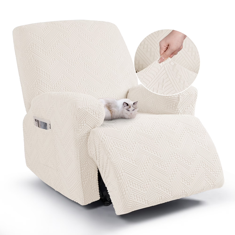Beige Recliner Chair Slipcover with Pockets, Non-Slip & Washable Cover0