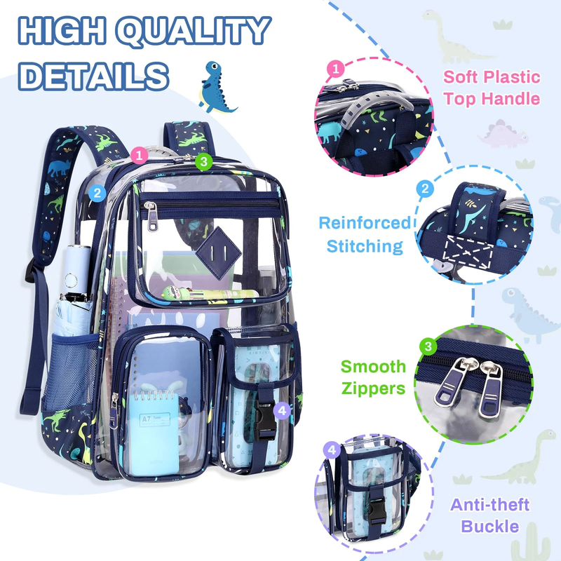 Large Clear Book Bag Waterproof See Through Backpack Navy Dinosaur5