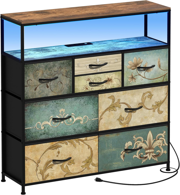 TV Stand Dresser with Power Outlet LED Light 8 Fabric Drawers Storage Chest0