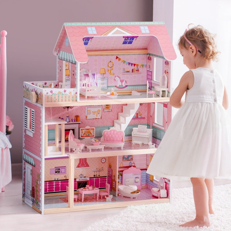 Wooden Dollhouse with 20Pcs Furniture 3 Storey Preschool Toy Dollhouse for Kids 5
