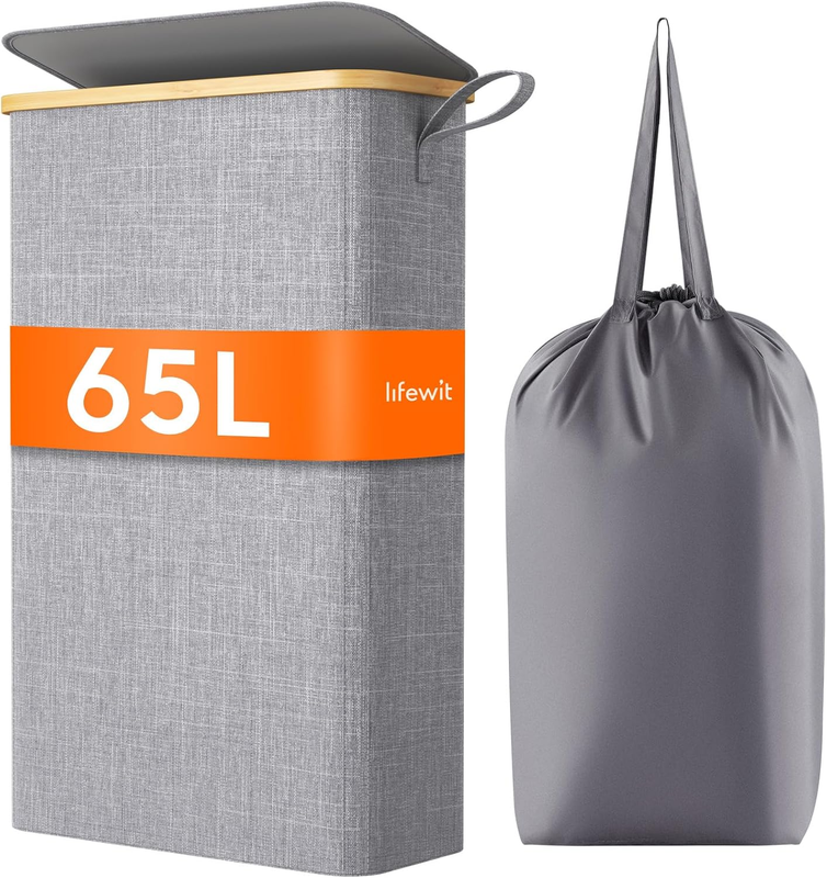 Slim 65L Laundry Hamper with Bamboo Handles, Foldable Basket with Lid, Grey7