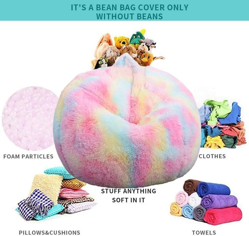 Fluffy Stuffed Animal Storage Bean Bag Cover Faux Fur Rainbow3
