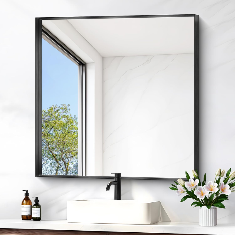 Black Bathroom Mirror, 30X30 Inch Rectangular Framed Mirror, Large Wall Mounted 0