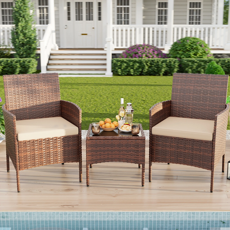 3 Pc Outdoor Patio Furniture Set Wicker Rattan Bistro Coffee Table Beige6