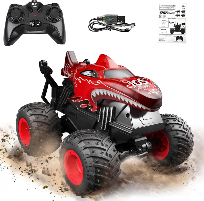 RC Monster Truck Toy Dinosaur Car 1:20 Scale Light Music 3° Spin Drift Red0
