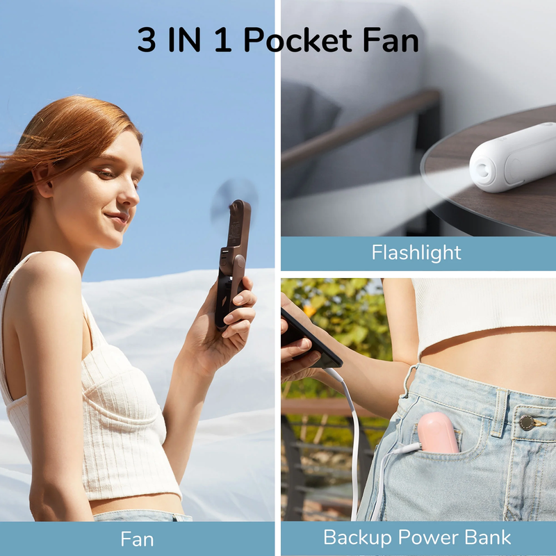 Portable Mini Fan Rechargeable Handheld 3 in 1 Pocket Fan Power Bank Brown4