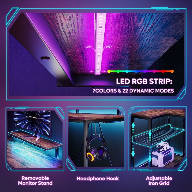 52" L-Shaped Computer Desk LED with Power Outlet & Monitor Stand Rustic2