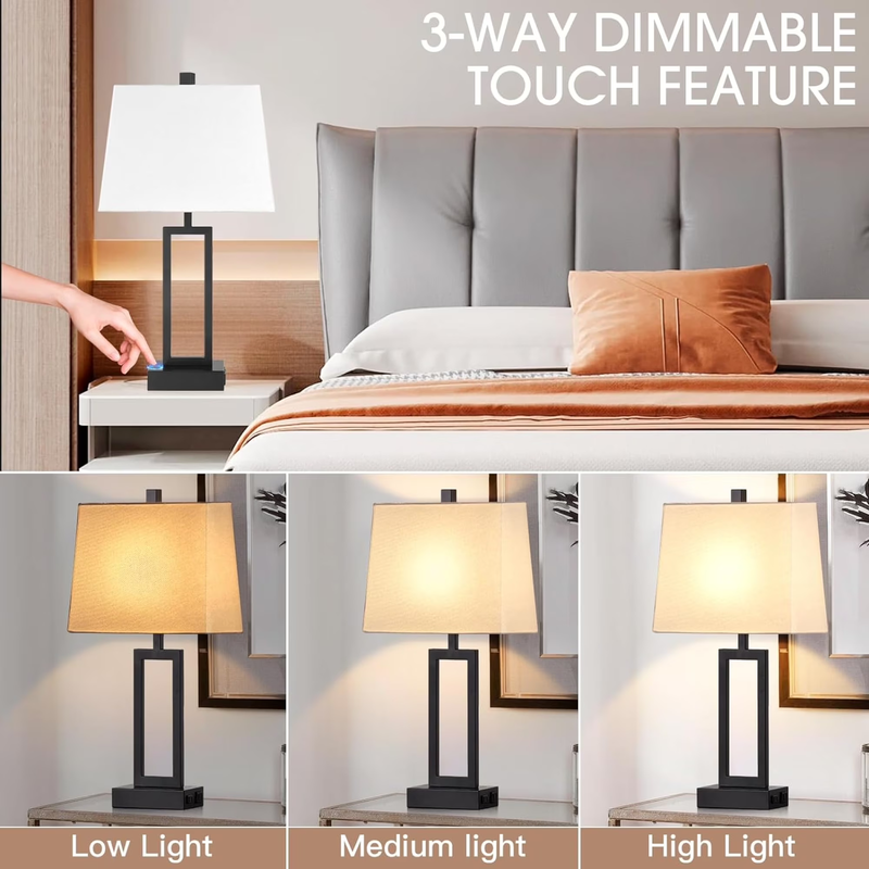 Set of 2 3 Way Dimmable Touch Table Lamps USB Ports AC Outlet Modern Nightstand 2