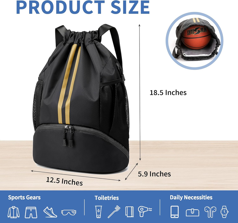 Drawstring Backpack Gym Bag w/ Shoe Compartment Water Resistant Cinch Black Gold1