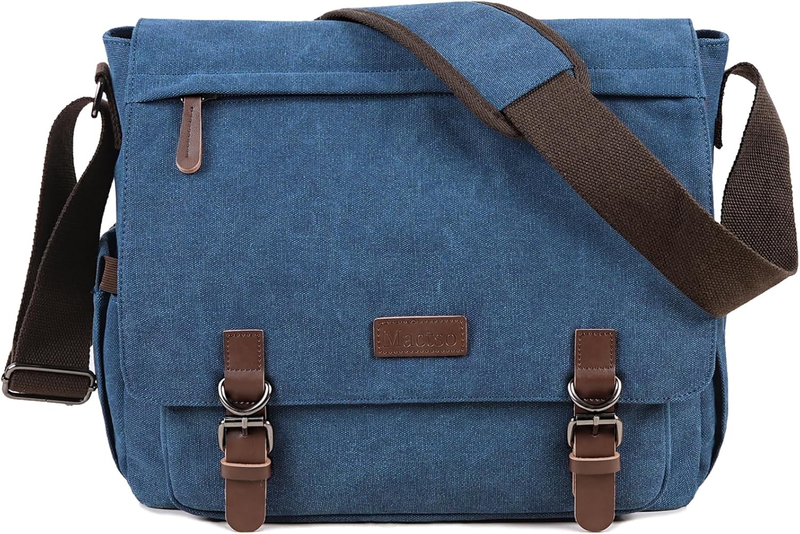 Canvas Messenger Bag 15.6" Laptop Travel Satchel Shoulder Bag Blue Unisex10