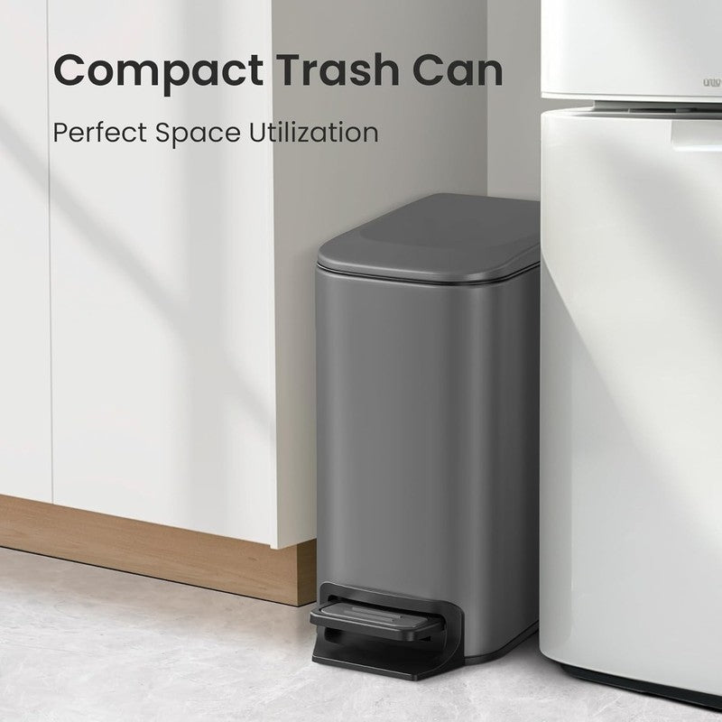 1.6 Gal Gray Bathroom Trash Can w/ Lid, Pedal, Soft Close, Stainless Steel2