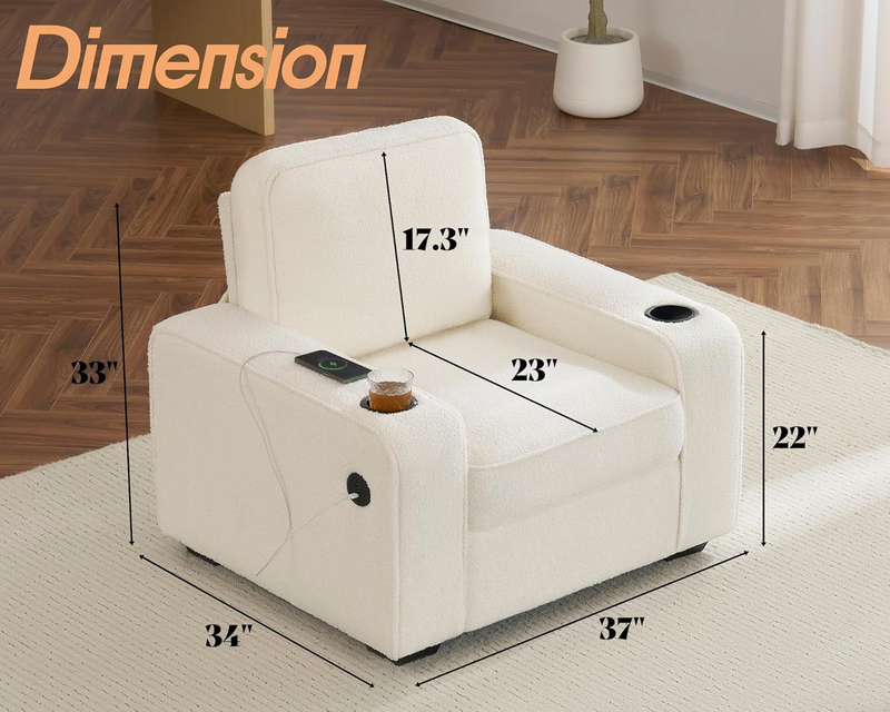 Bouclé Sofa Chair Cup Holders USB Charging Upholstered Living Room Couch White1