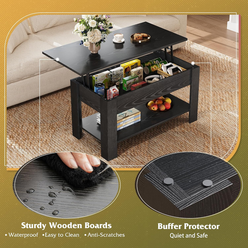 39" Lift Top Coffee Table w/ Hidden Compartment Storage Shelf Black Oak5