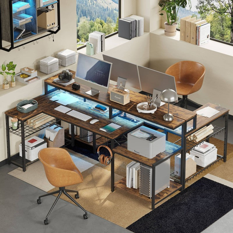 71" L-Shaped Gaming Desk LED with Power Outlets, Monitor Stand Rustic4