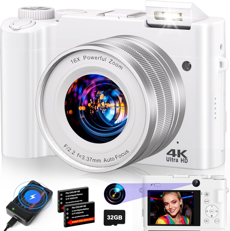 4K Digital Camera 64MP Vlogging Dual-Lens 16X Zoom Anti-Shake 3" Selfie White10