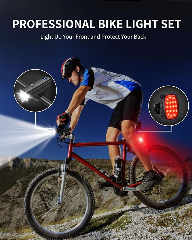 6000LM USB-C Rechargeable Bike Headlight & Tail Light Set 12+5 Modes Waterproof6