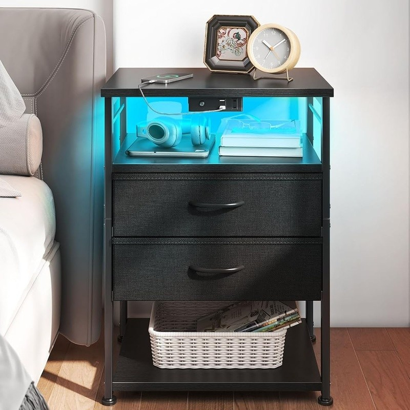 Night Stand W/ Charging Station Tall Nightstand Bedroom 4 Tier Storage End Table1