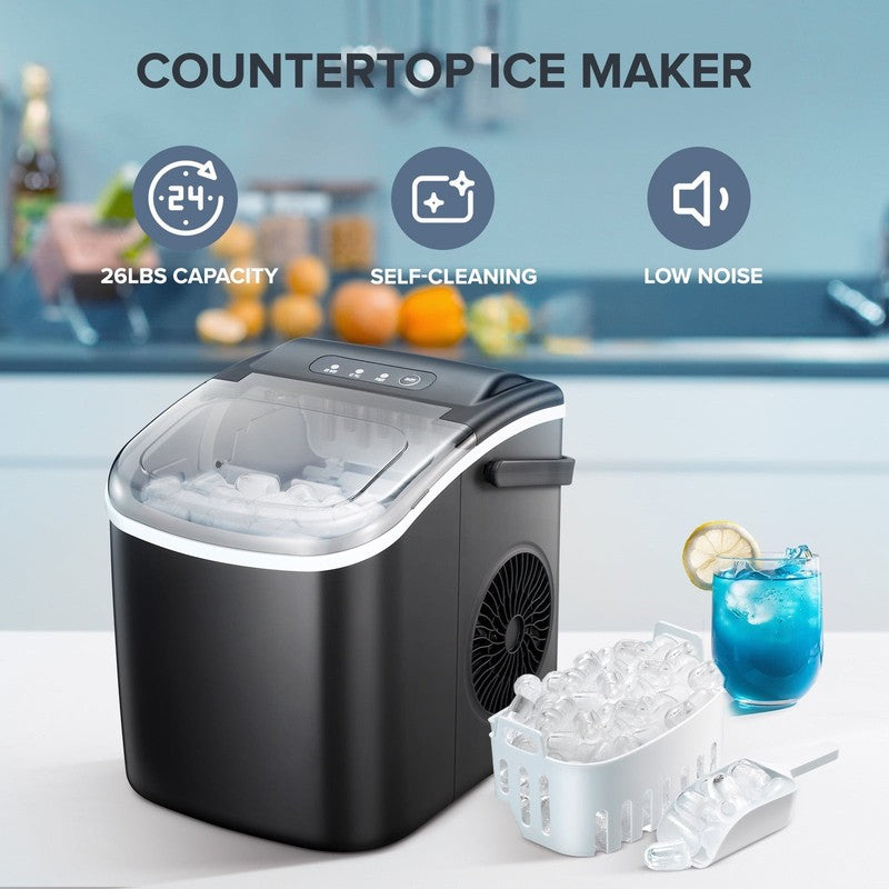 Countertop Ice Maker, 9 Bullet Ice Cubes in 6 Mins, 26Lbs/24H, W/ Scoop & Basket9