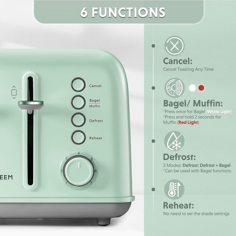 Retro 4 Slice Toaster 1800W Extra Wide Slots 7 Shade Bagel Stainless Green1