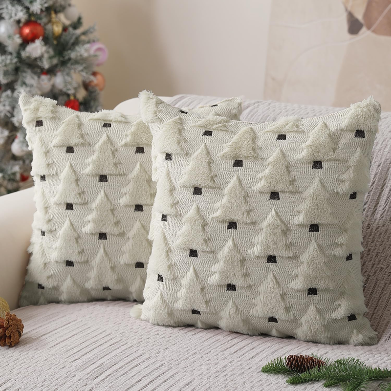 Christmas Pillow Covers 18"x18" Set of 2 Cream White Plush Faux Fur Tree Decor10