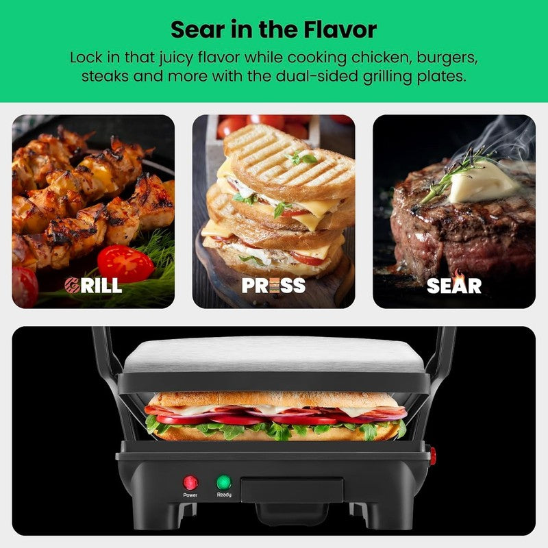 Panini Press Grill and Gourmet Sandwich Maker Non Stick Coated Plates, Opens 1803