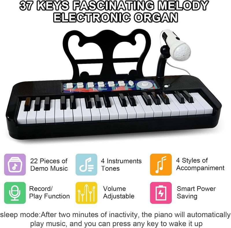 Piano Toy for Kids   37 Keys Piano Keyboard Toy with Stool and Microphone, Black2