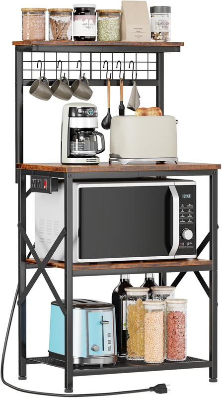 Kitchen Bakers Rack with Power Outlet, Microwave Oven Stand with Storage 4 Tiers0