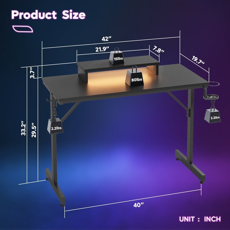 42" PC Gaming Desk w/ LED Lights, Monitor Stand, Headphone Hook Black3